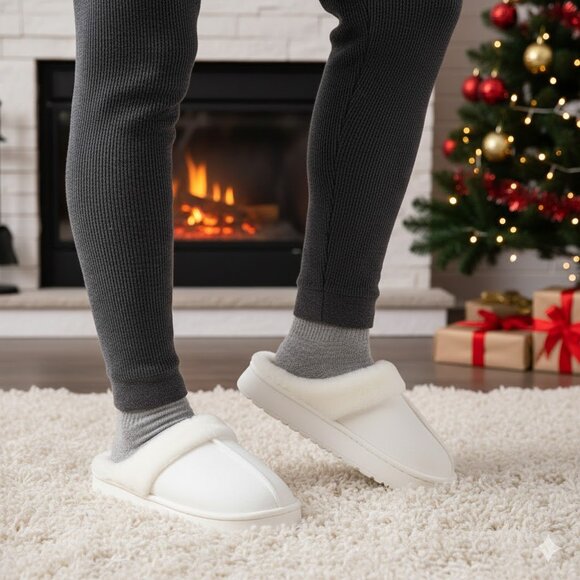 Unisex  Faux Fur Lined Slip-On SlippersCozy Warm Winter House Shoes~WHITE - Picture 7 of 7